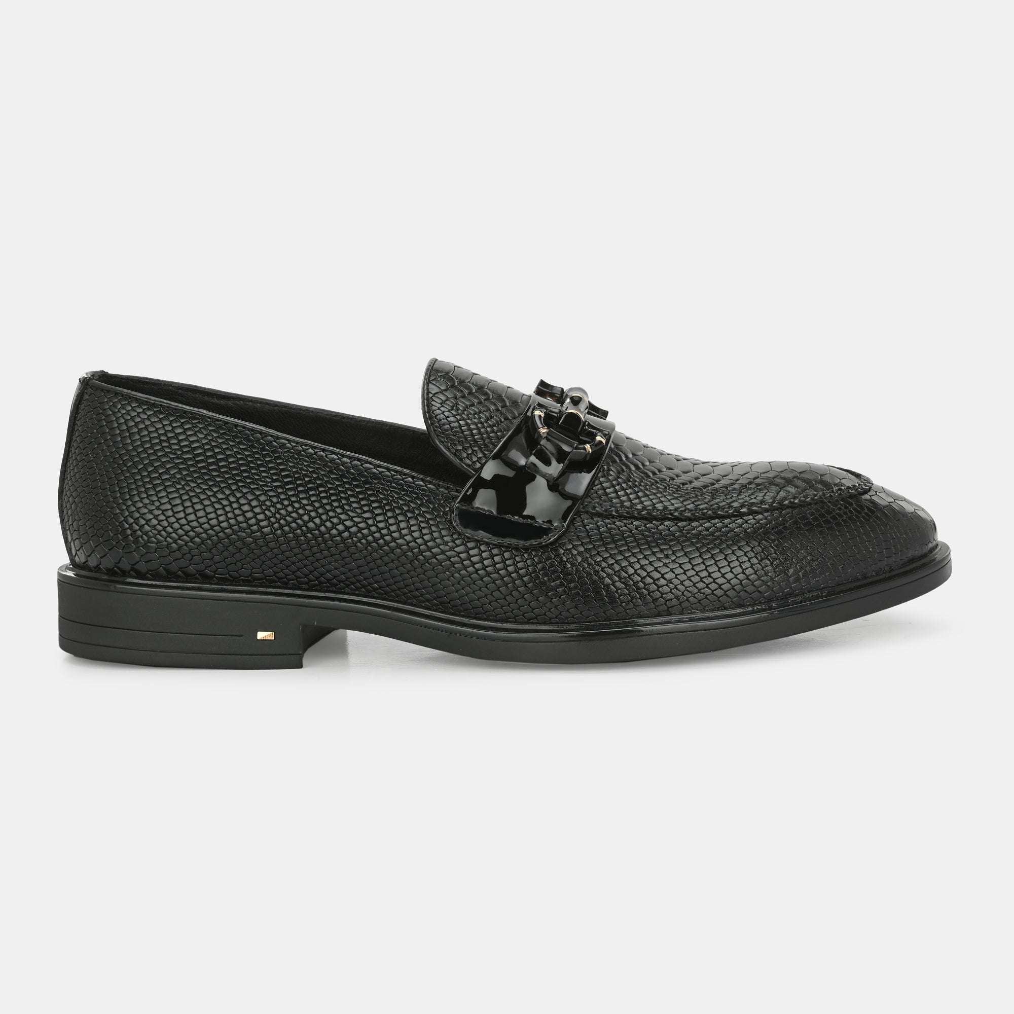 Black Textured Buckled Loafers by Lafattio