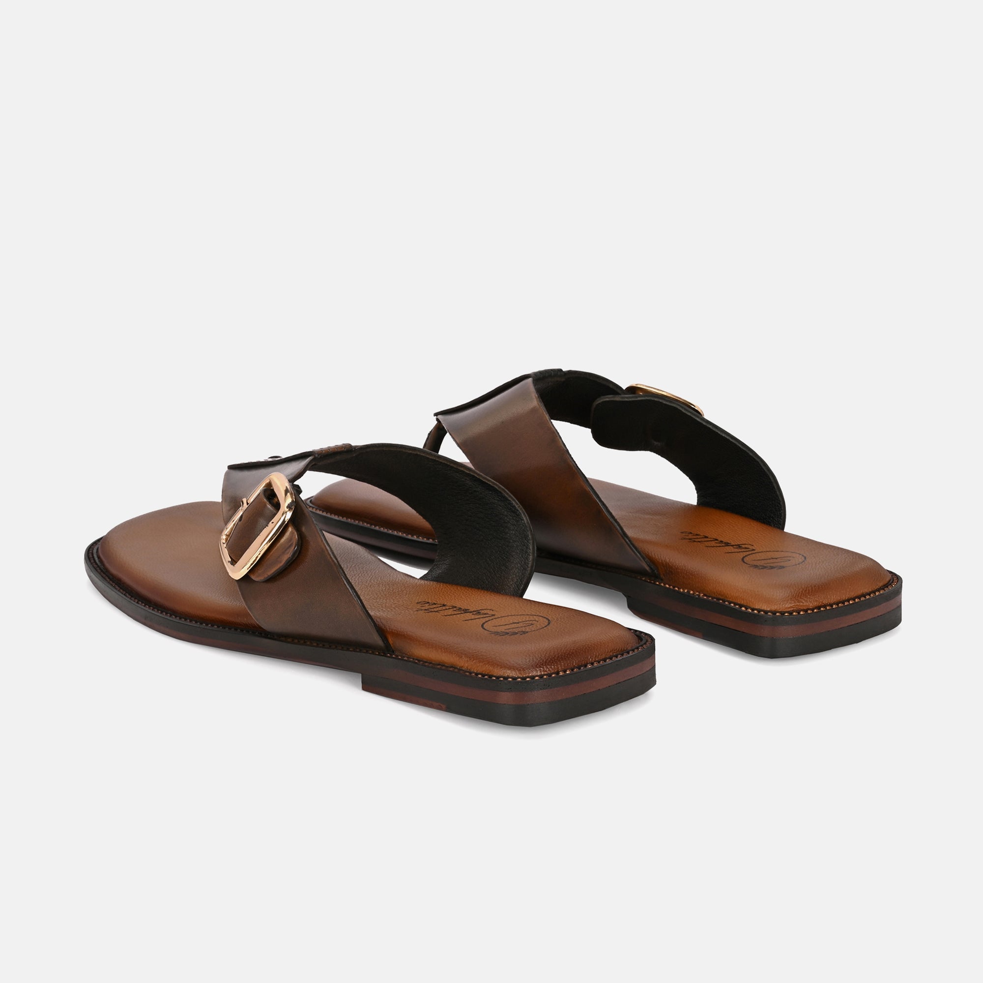 Antique Tan Buckled Slippers By Lafattio