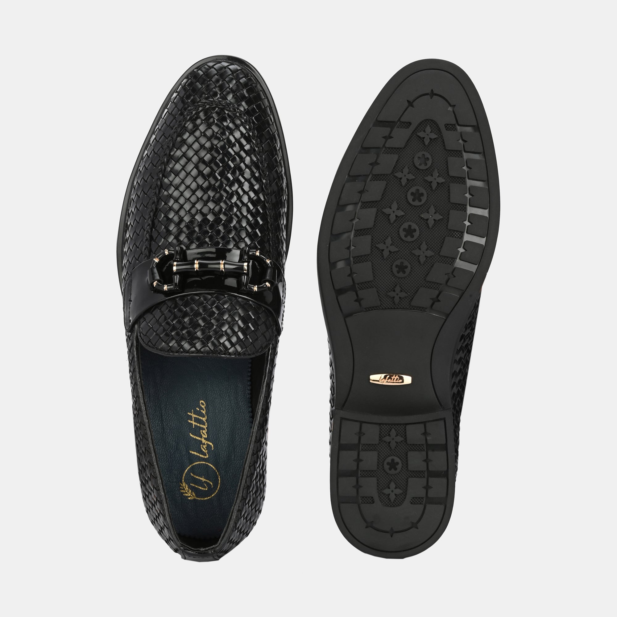 Black Hand-Woven Buckled Loafers by Lafattio