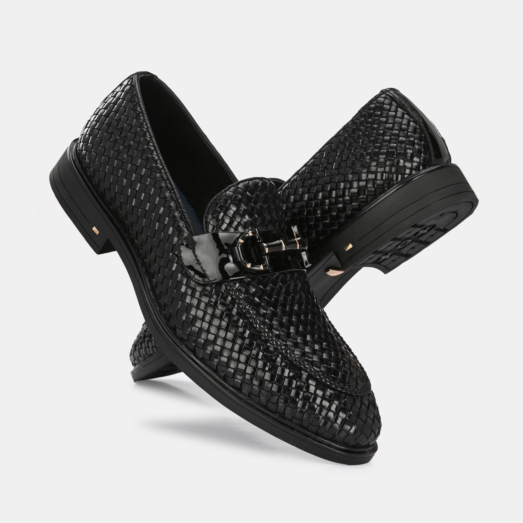 Black Hand-Woven Buckled Loafers by Lafattio