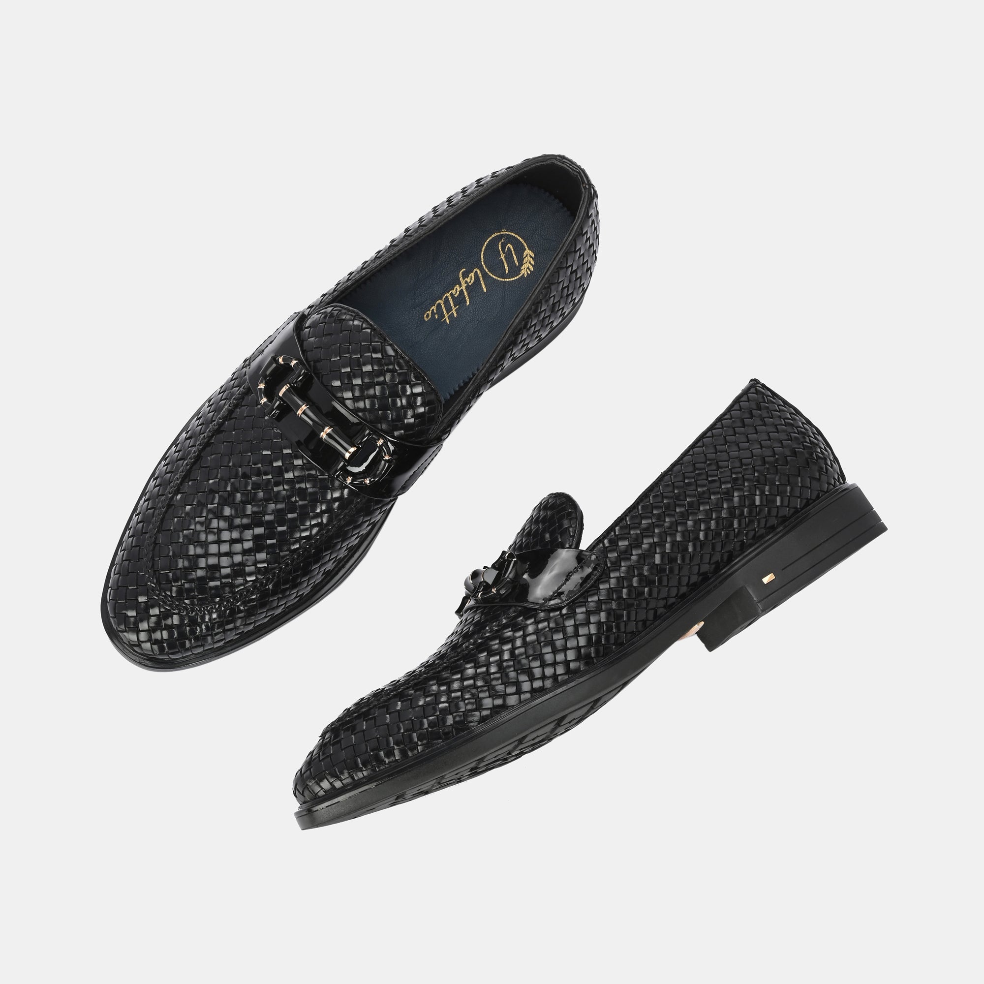 Black Hand-Woven Buckled Loafers by Lafattio