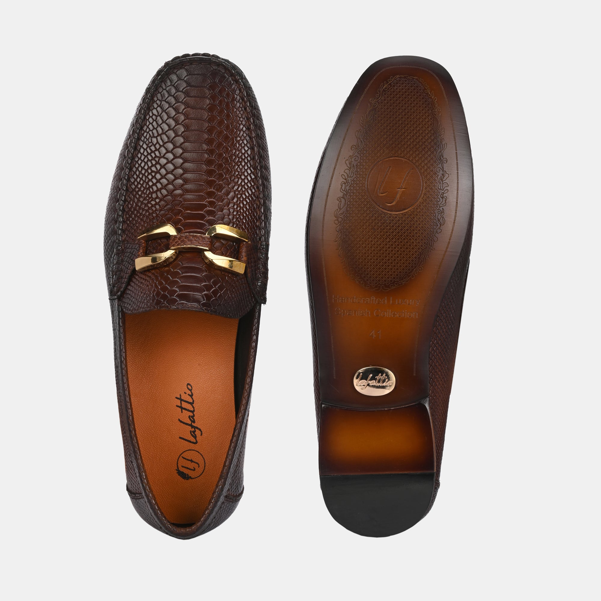 Tan Imprinted Buckled Loafers by Lafattio