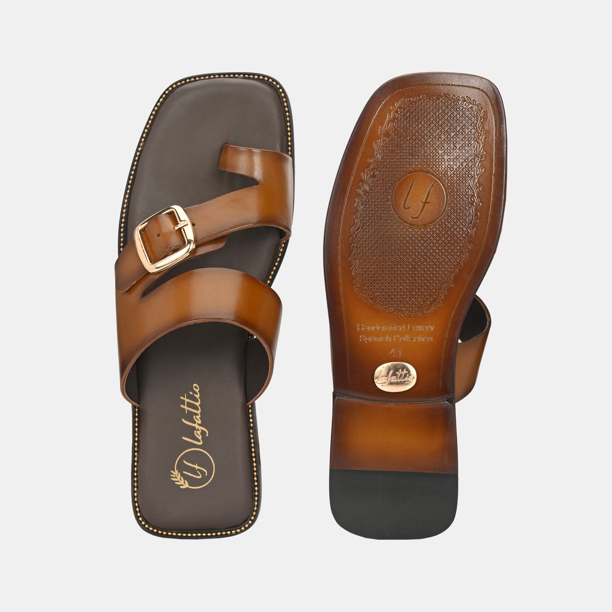 Tan Buckled Slippers by Lafattio