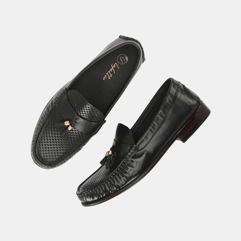 Black Perforated Tassel Loafers by Lafattio