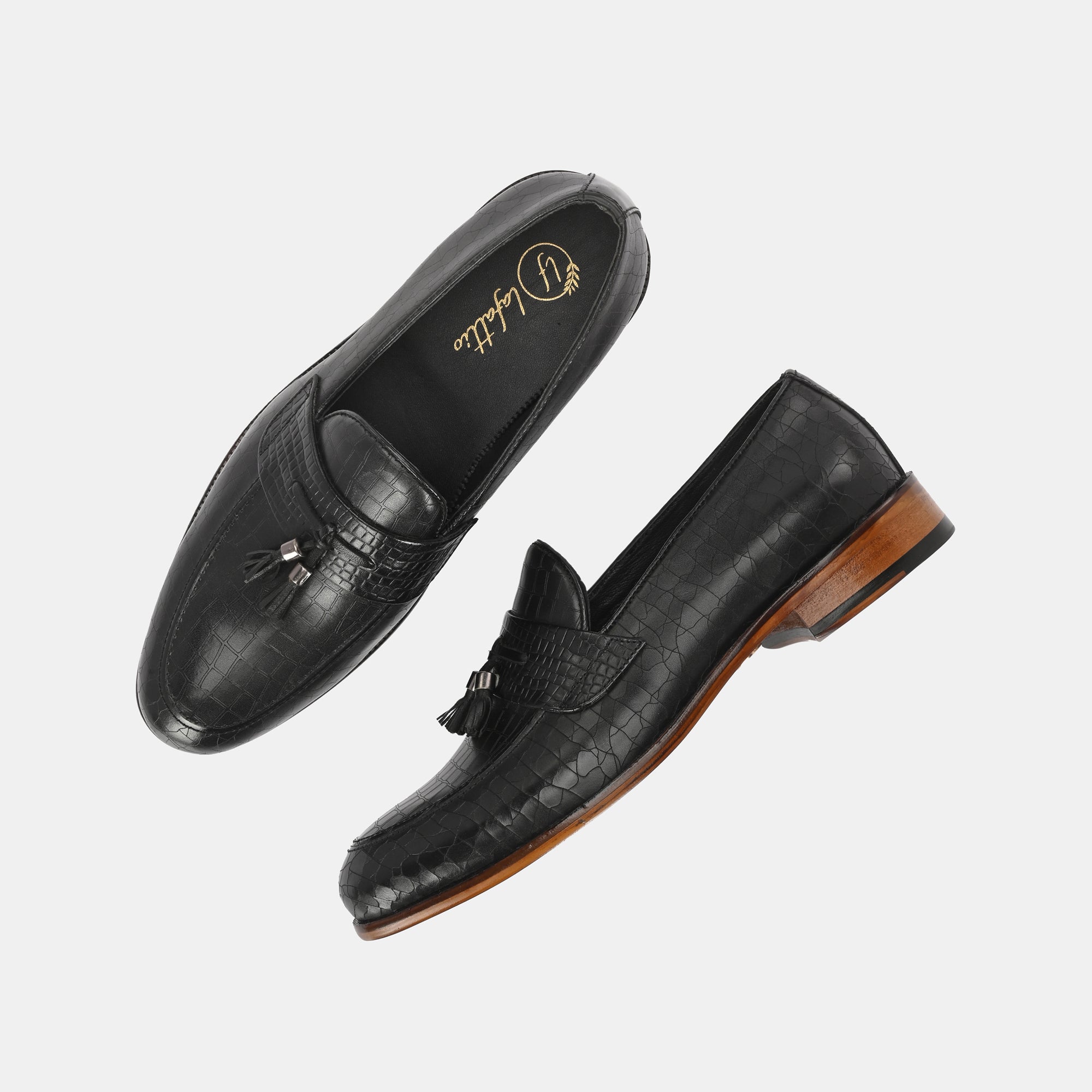 Black Laser Engraved Tassel Loafers by Lafattio