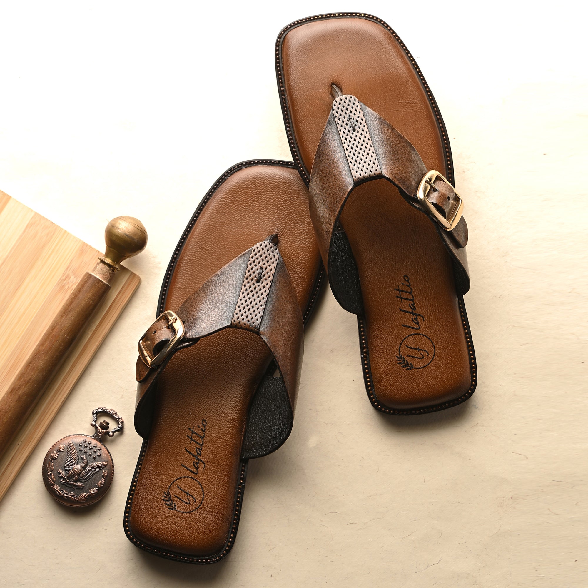 Antique Tan Buckled Slippers By Lafattio