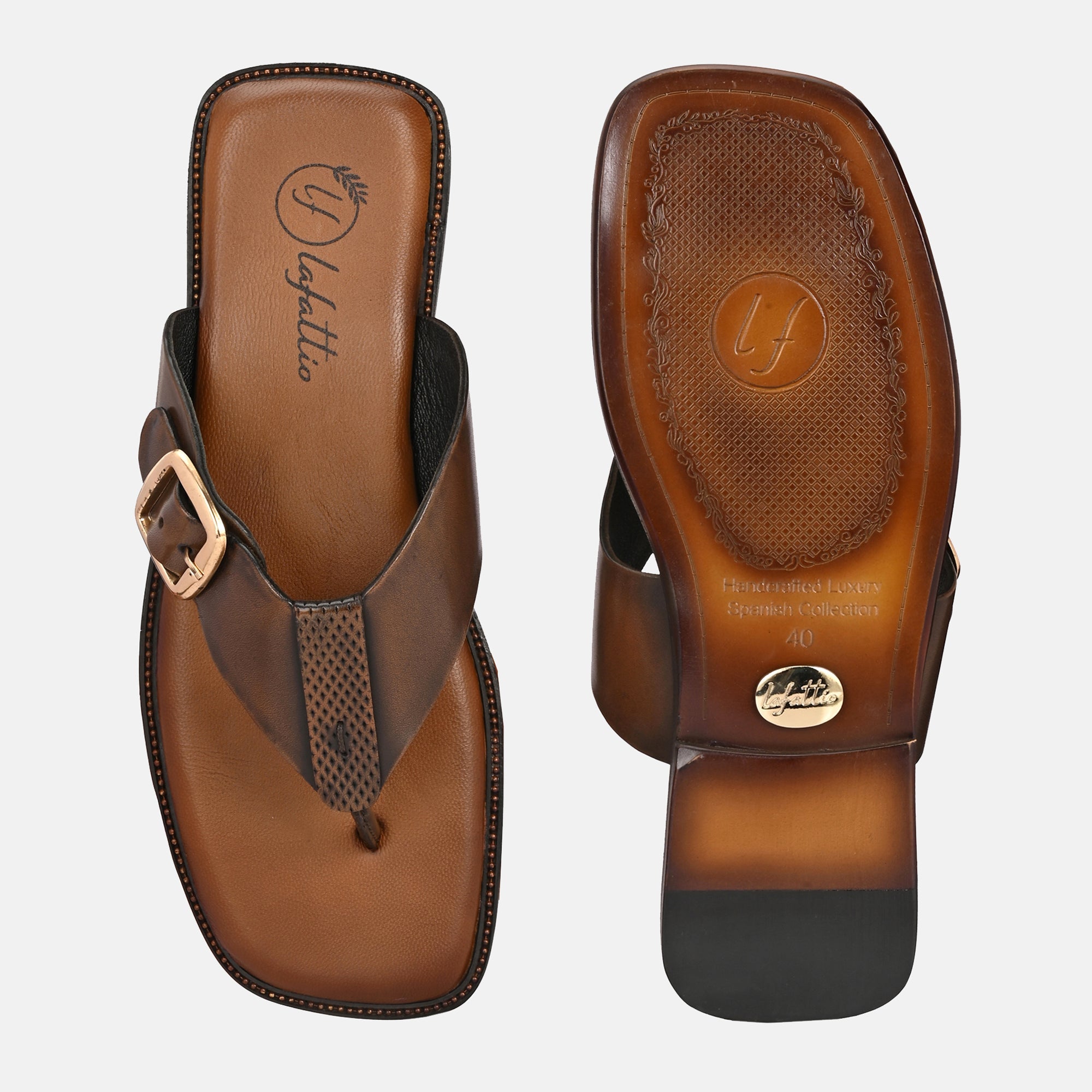 Antique Tan Buckled Slippers By Lafattio