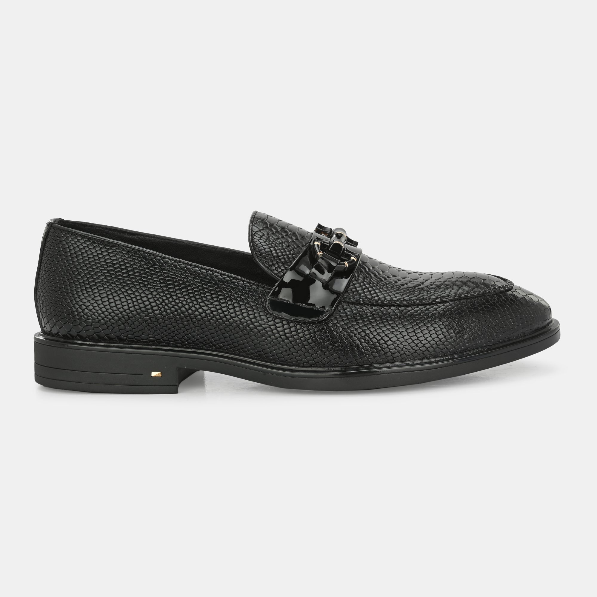 Black Textured Buckled Loafers by Lafattio