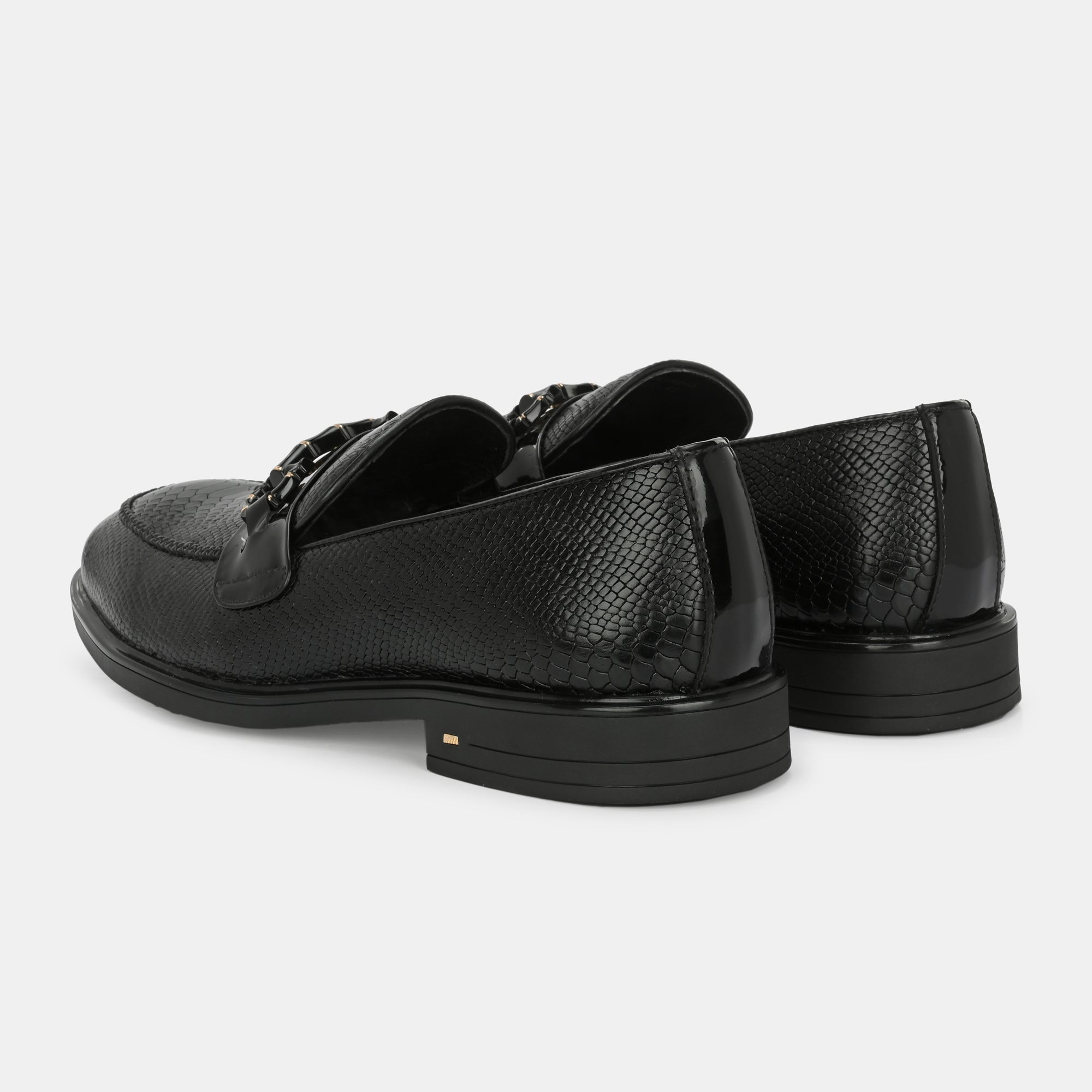 Black Textured Buckled Loafers by Lafattio