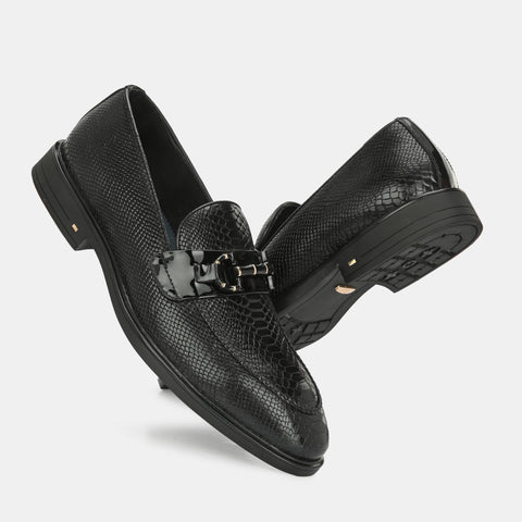 Black Textured Buckled Loafers by Lafattio