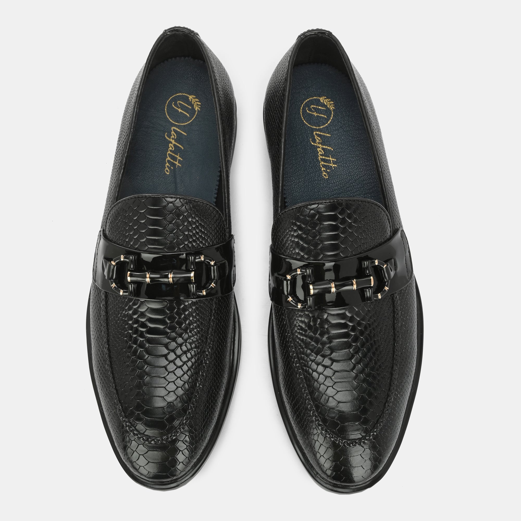 Black Textured Buckled Loafers by Lafattio