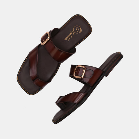 Brown Buckled Slippers by Lafattio