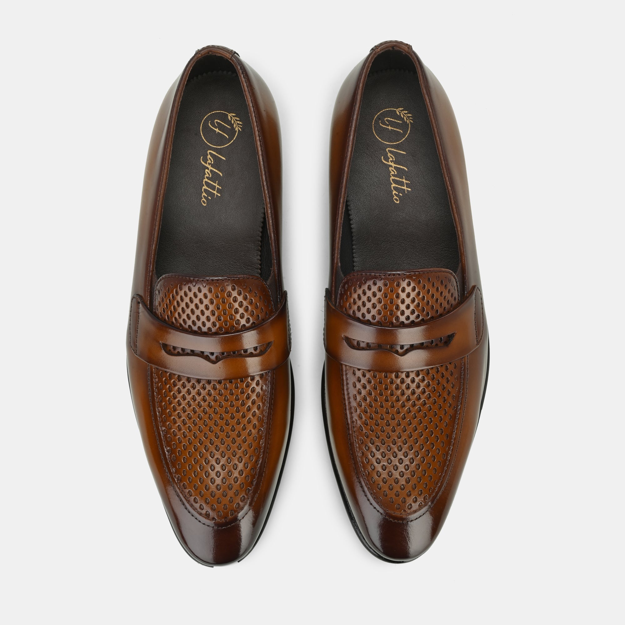 Tan Perforated Penny Loafers by Lafattio