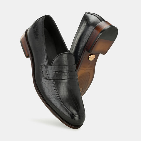 Black Laser Engraved Penny Loafers By Lafattio