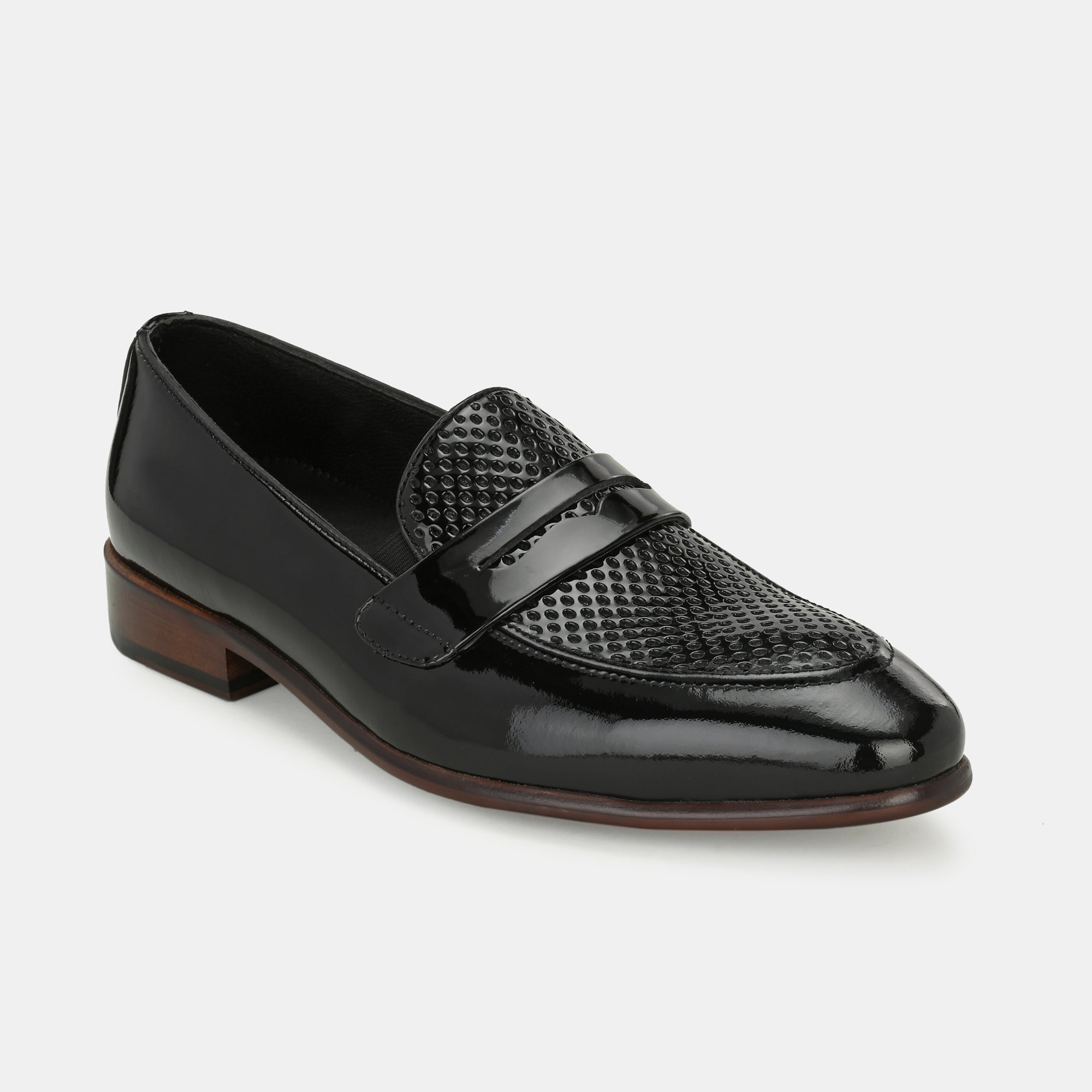 Patent Black Perforated Penny Loafers by Lafattio